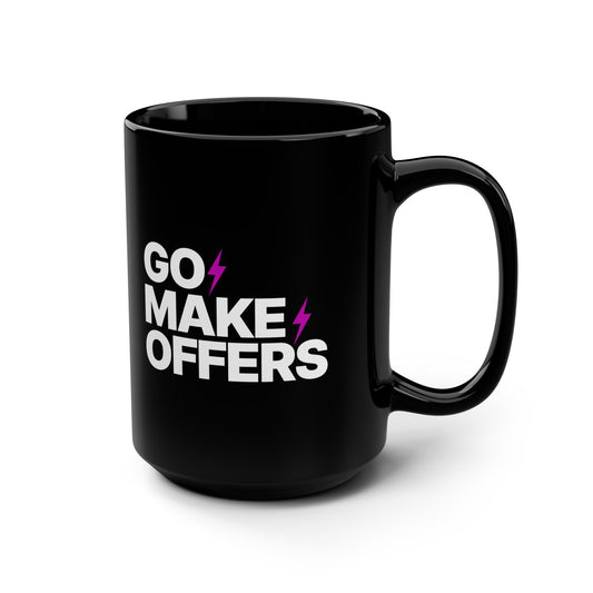 Go Make Offers Mug — Bold Black 15oz Coffee Cup with Lightning Accent