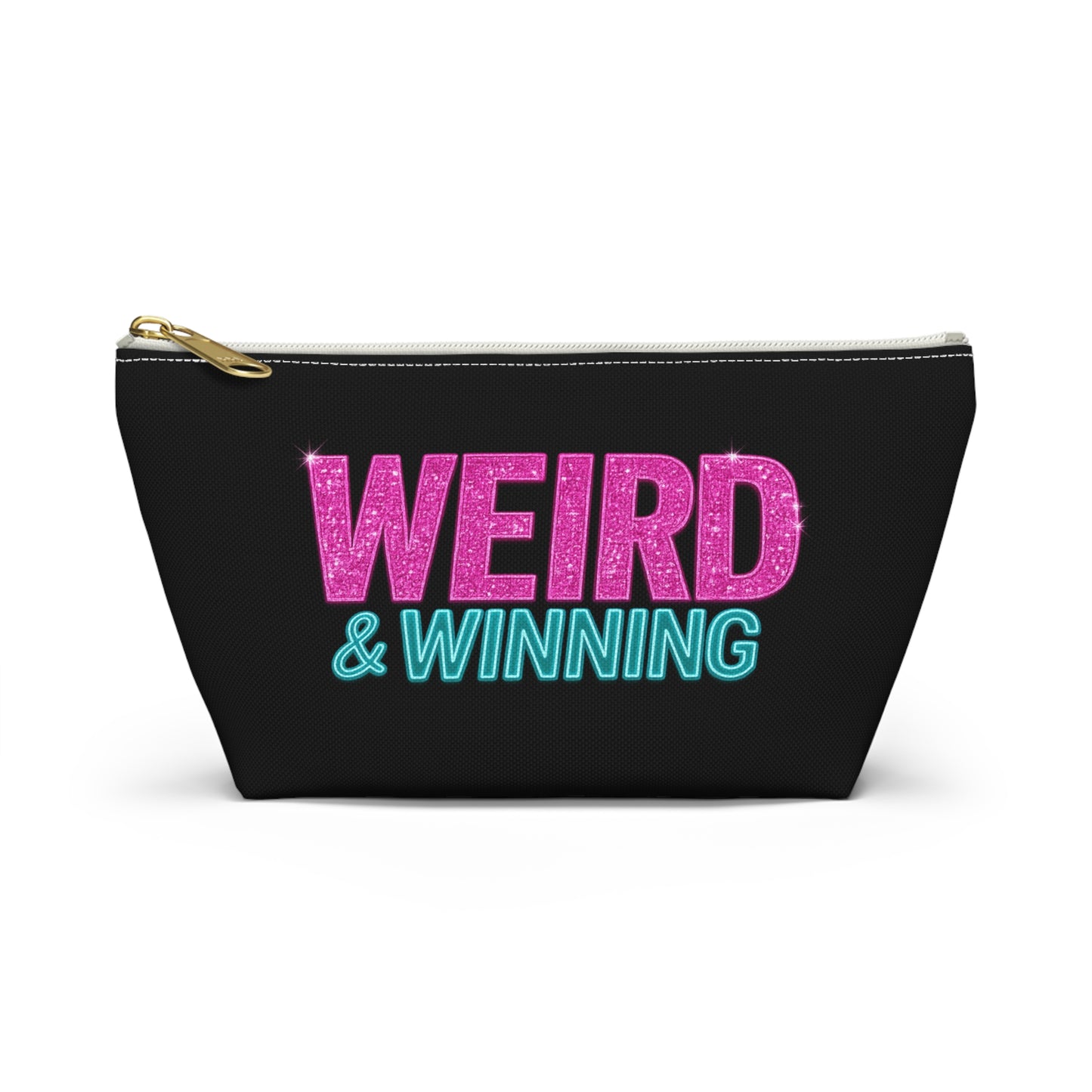 Weird & Winning Accessory Pouch — Bold Glitter Text Makeup Bag