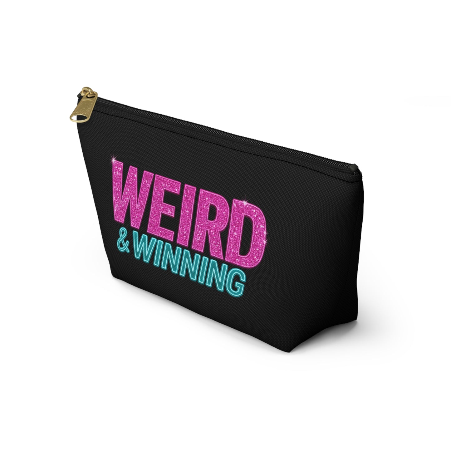 Weird & Winning Accessory Pouch — Bold Glitter Text Makeup Bag