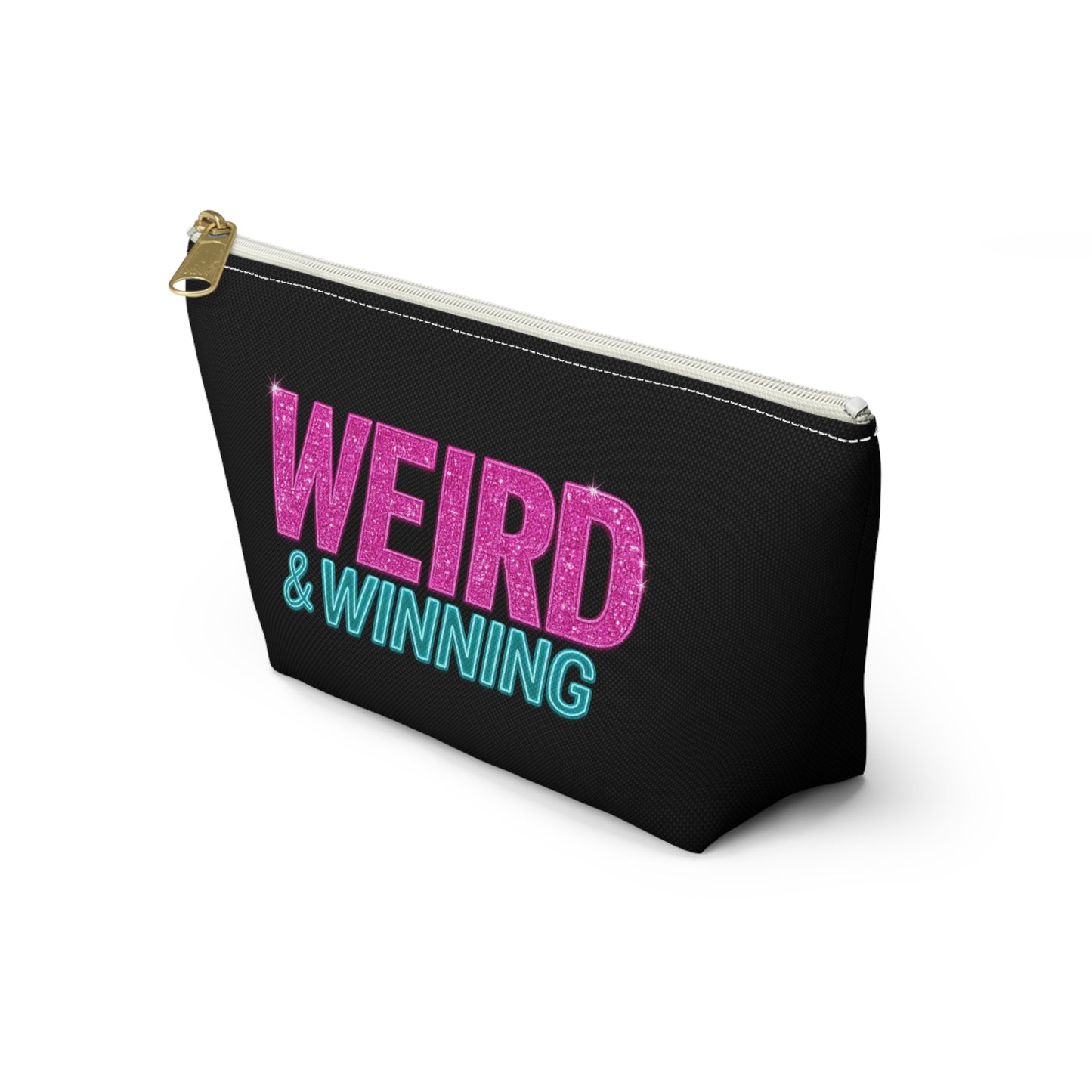 Weird & Winning Accessory Pouch — Bold Glitter Text Makeup Bag