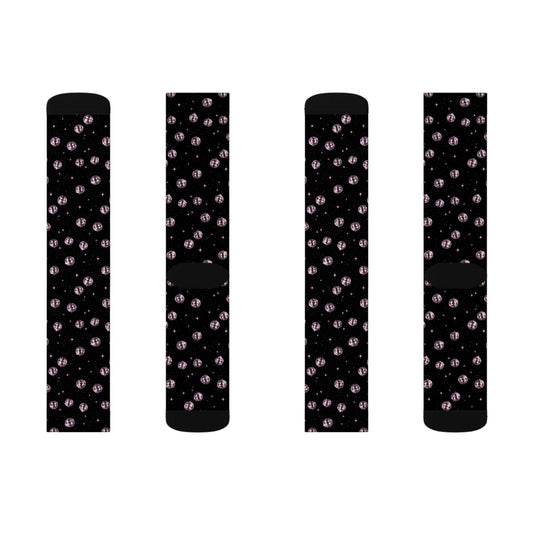 Black Cat Eye Pattern Socks — Sublimation Crew Socks with Pink Cat Eyes