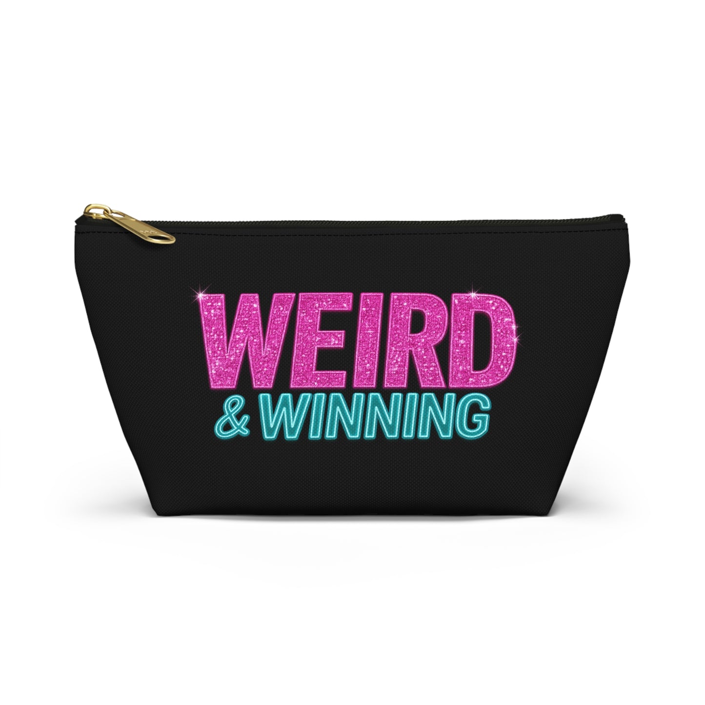 Weird & Winning Accessory Pouch — Bold Glitter Text Makeup Bag